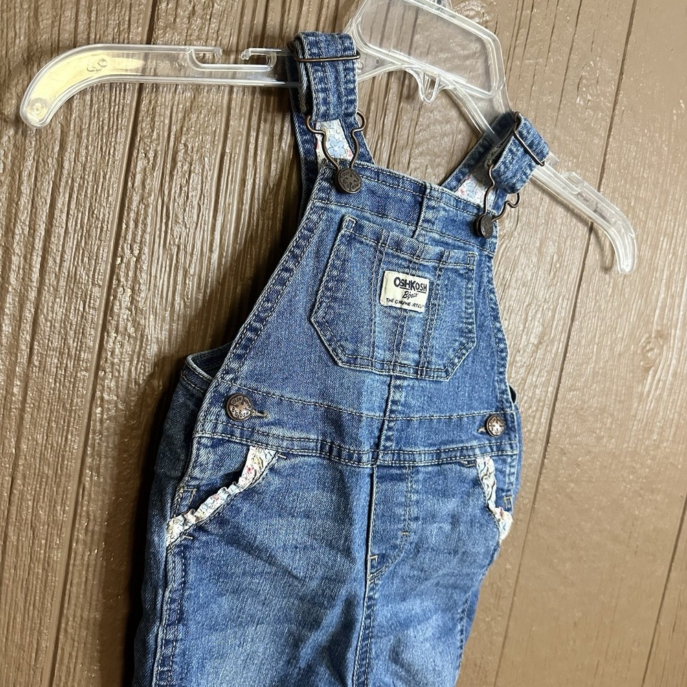 OshKosh B'gosh Denim Bib Overall Girls 12M Blue With Floral Leg Cuffs And Trim - Picture 2 of 7